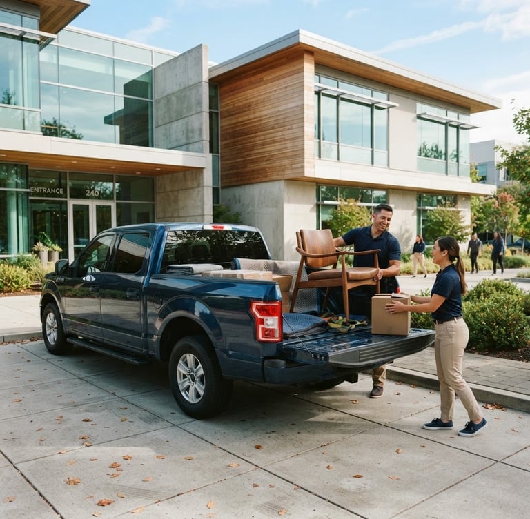 Wide shot of a clean, well-maintained OTF Pick Up truck parked angled in front of a modern commercial building, bright natural daylight, a friendly team member in uniform loading furniture into the back, candid interaction, 35mm lens.