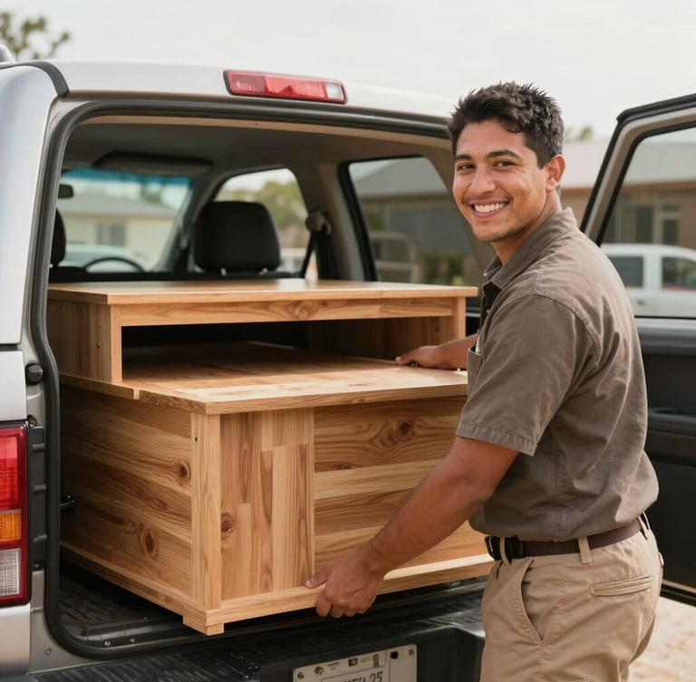Warm, candid photography of a friendly team member in uniform, smiling and loading sturdy wooden furniture onto a clean pickup truck, bright natural daylight, 35mm lens, portrait aspect.