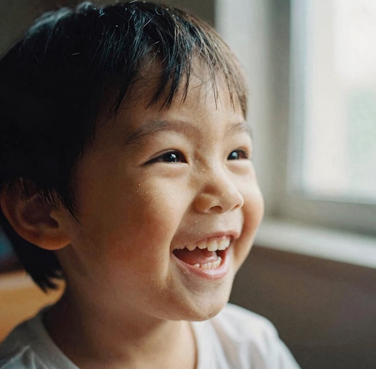 Close-up portrait of a child laughing during a festive event, soft natural light from a window, warm tones, shallow depth of field, tactile texture of photo paper.