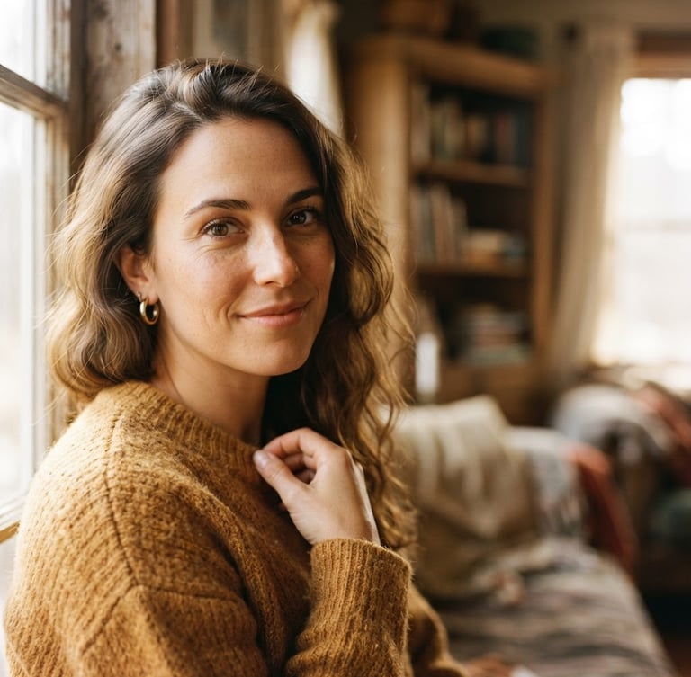 Close-up artistic portrait of a woman with expressive eyes, soft natural window light, rich tactile textures, nostalgic golden tones, 35mm film look, with generous negative space on the right