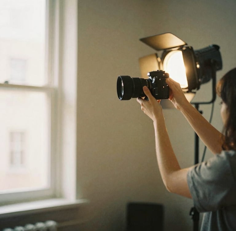 Photographer adjusting studio lights for a portrait session, warm backlighting, professional equipment visible, soft focus on the subject, 35mm film look, with generous negative space on the left.