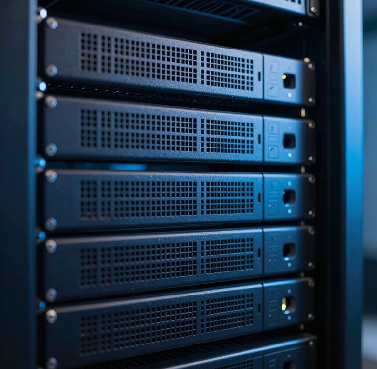 Macro close-up of neat server racks with cool crisp studio lighting and subtle blue ambient highlights, sharp focus, 35mm