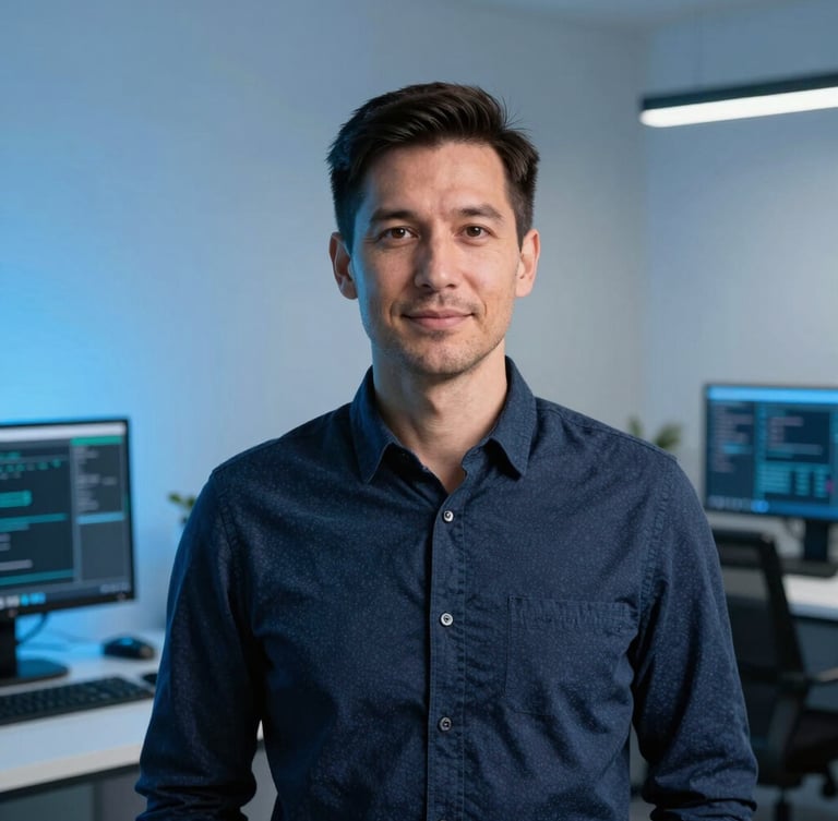 Authentic professional portrait of an IT consultant in a clean modern workspace, cool studio lighting with subtle blue ambient highlights, sharp focus, 35mm