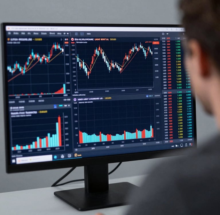 Macro over-the-shoulder shot of a professional trader's monitor displaying complex candlestick charts, delta-neutral options chains, and real-time mathematical models, cool crisp studio lighting, slate and navy tones, 35mm lens.