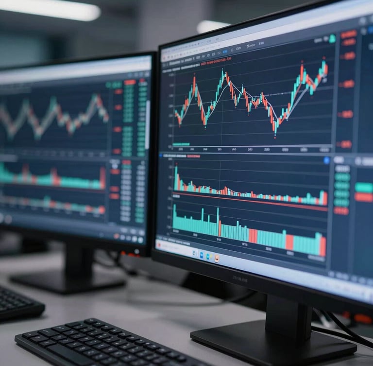 Close-up macro shot of multi-monitor trading desk showing technical charts, cool crisp studio lighting, deep navy and slate tones, sharp focus, 35mm lens