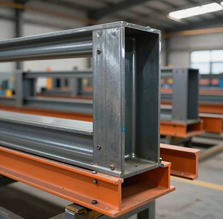 Close-up of thick steel upright frames and load-bearing orange beams bolted together in a modern warehouse facility