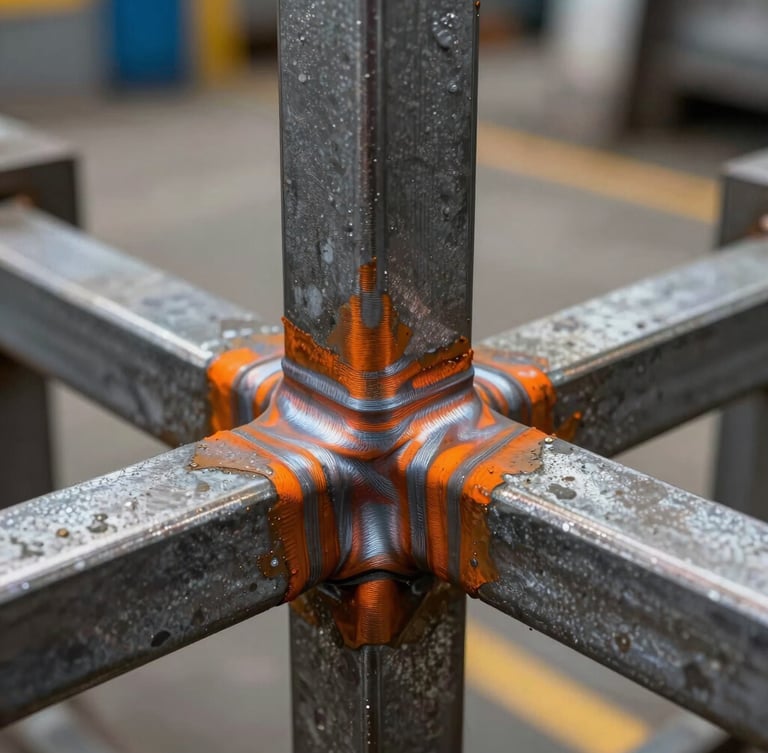 Macro close-up shot of a heavy-duty steel rack weld joint, safety orange powder coating, thick steel gauge, industrial warehouse background.