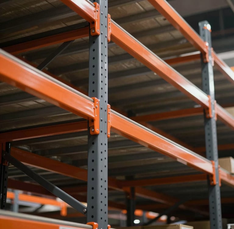 Low-angle shot of a heavy-duty powder-coated steel supermarket gondola rack, charcoal grey uprights with bright safety orange shelf brackets