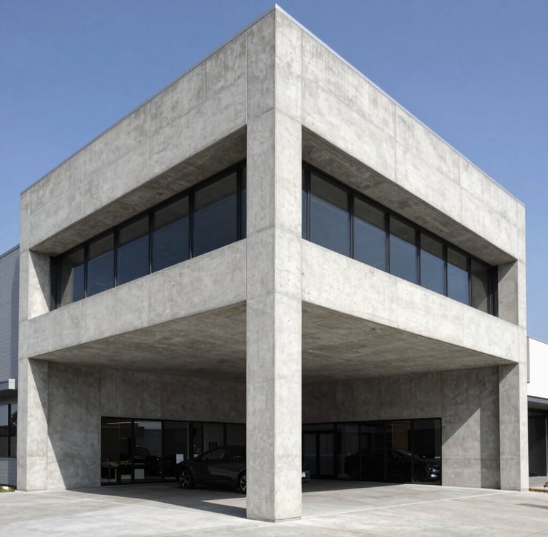Symmetrical low-angle architectural exterior of a modern concrete auto dealership, crisp natural daylight, sharp structural details, 35mm