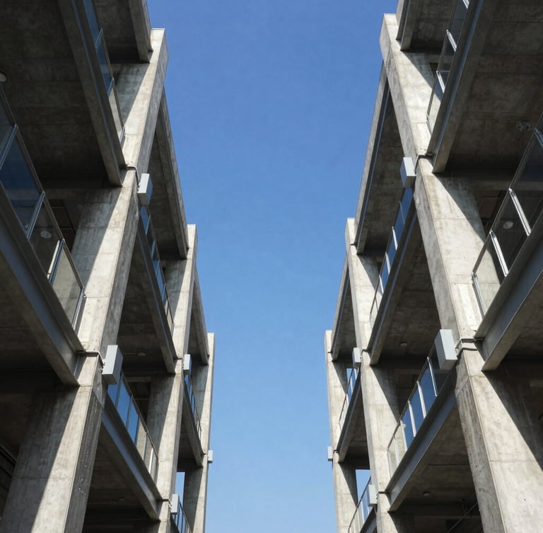Symmetrical low-angle architectural shot of a modern steel and concrete commercial structure framing a bright blue sky, high contrast daylight