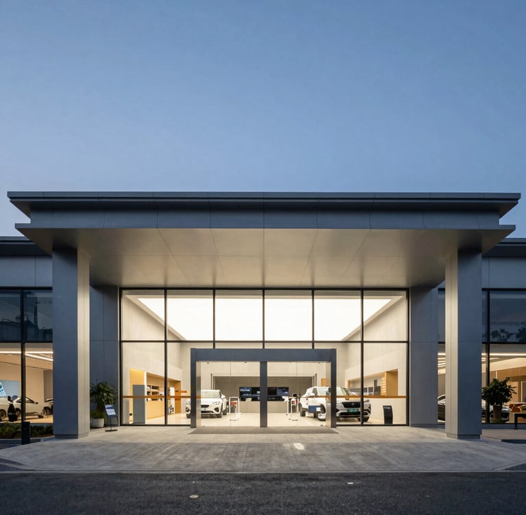 Symmetrical straight-on architectural exterior of a newly completed modern auto dealership pavilion under high-contrast twilight