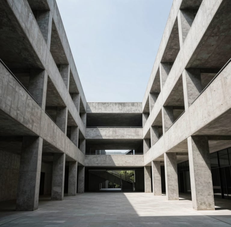 Symmetrical straight-on architectural photography of a modern concrete and steel structure, dramatic natural daylight, clean high-contrast tones