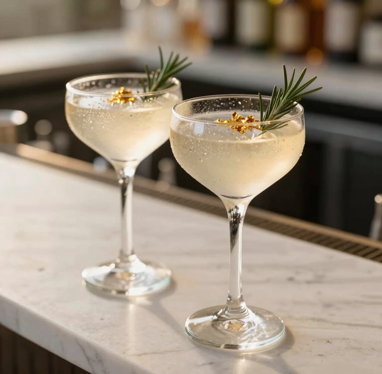 A close-up of two elegant wedding cocktails with condensation, garnished with fresh rosemary and edible gold flakes, resting on a clean white marble bar top, warm golden-hour light, shallow depth of field.