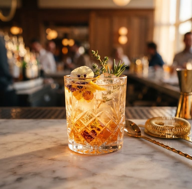 Elegant close-up of a crystal glass cocktail with fresh-pressed botanicals, warm golden-hour light reflecting on gold barware, shallow depth of field, 35mm