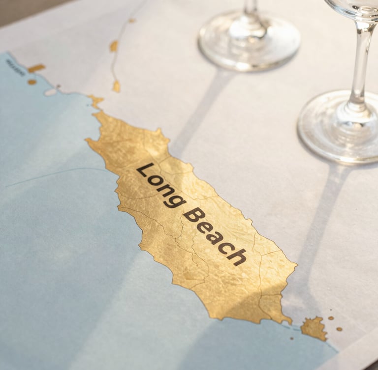 A stylized, elegant map graphic of Long Beach and surrounding coastal Southern California, with warm gold accents highlighting the service area, clean minimalist design, high contrast