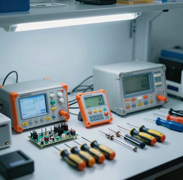 A clean, organized laboratory-style electronics repair workbench in Oakland Park, calibrated testing gear, neat rows of screwdrivers, bright cool-toned overhead light, 35mm
