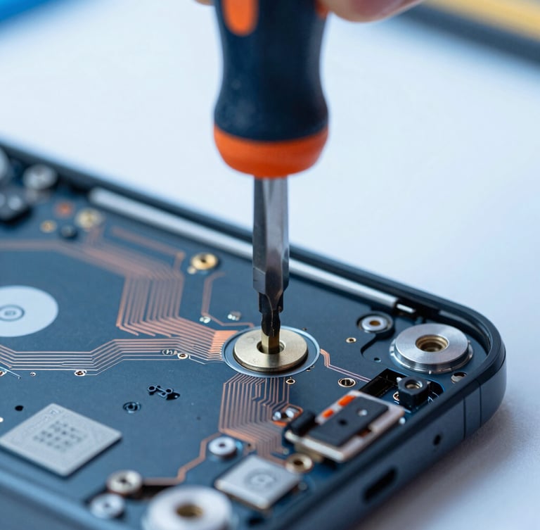 Extreme macro close-up of a precision screwdriver working on an open smartphone chassis, bright cool overhead workbench lighting, visible copper circuits and metallic components, sharp focus, 35mm