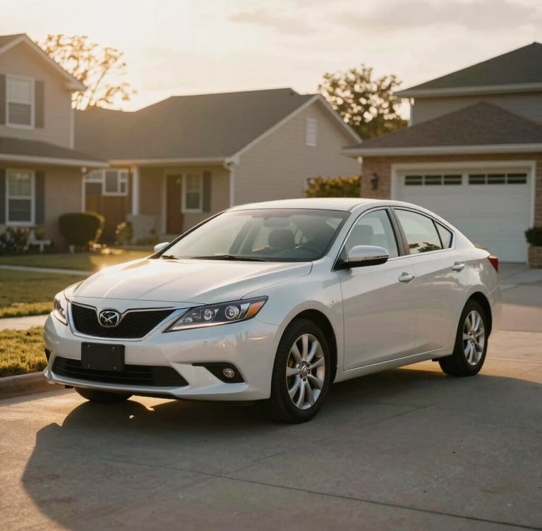 Eye-level medium shot of a clean family sedan parked in a modest suburban driveway, bathed in warm golden late-afternoon sun, soft shadows.