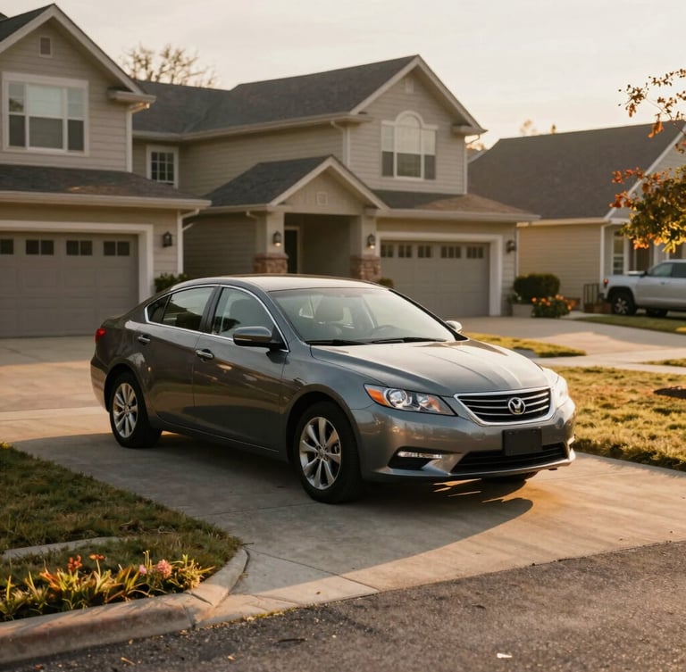 Eye-level medium shot of a neat suburban driveway with a family sedan parked, warm late-afternoon sun casting long soft shadows, cozy domestic atmosphere