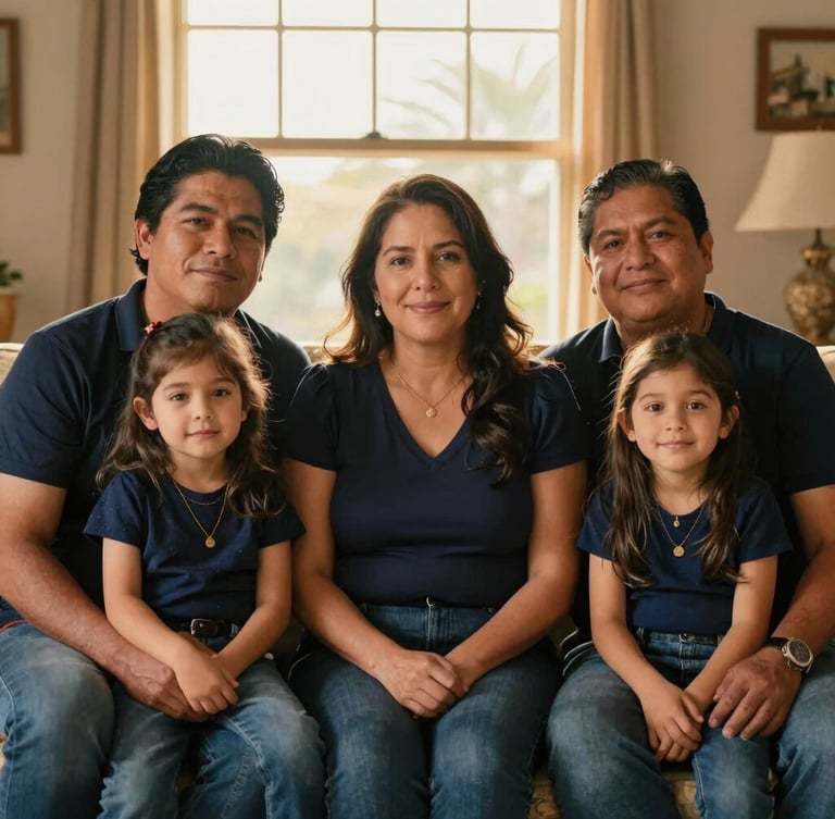 Warm editorial portrait of a Mexican family sitting together in their living room, soft golden hour sunlight filtering through the window, shallow depth of field, 35mm