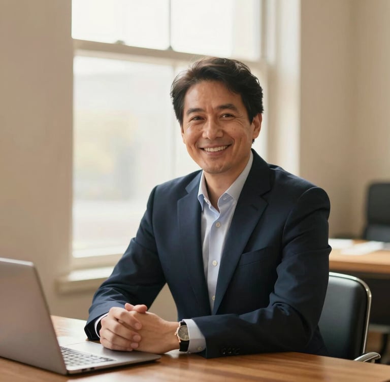Warm editorial portrait of a professional wealth advisor in a sunlit office, sitting across a wooden table, smiling warmly, soft natural window light, shallow depth of field