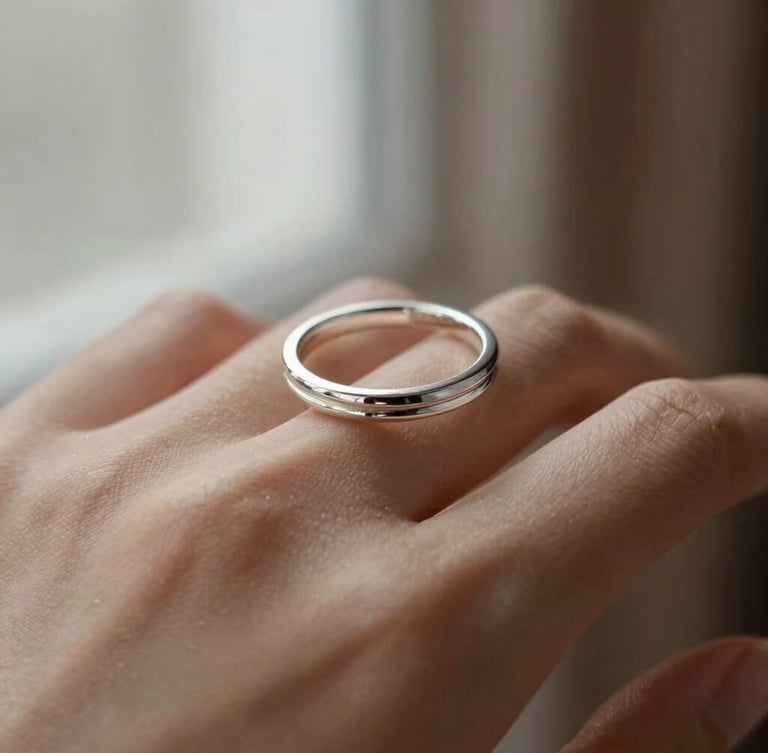 Macro photography of a delicate silver ring on a woman's hand, soft natural window light, elegant brown linen background, shallow depth of field, 35mm