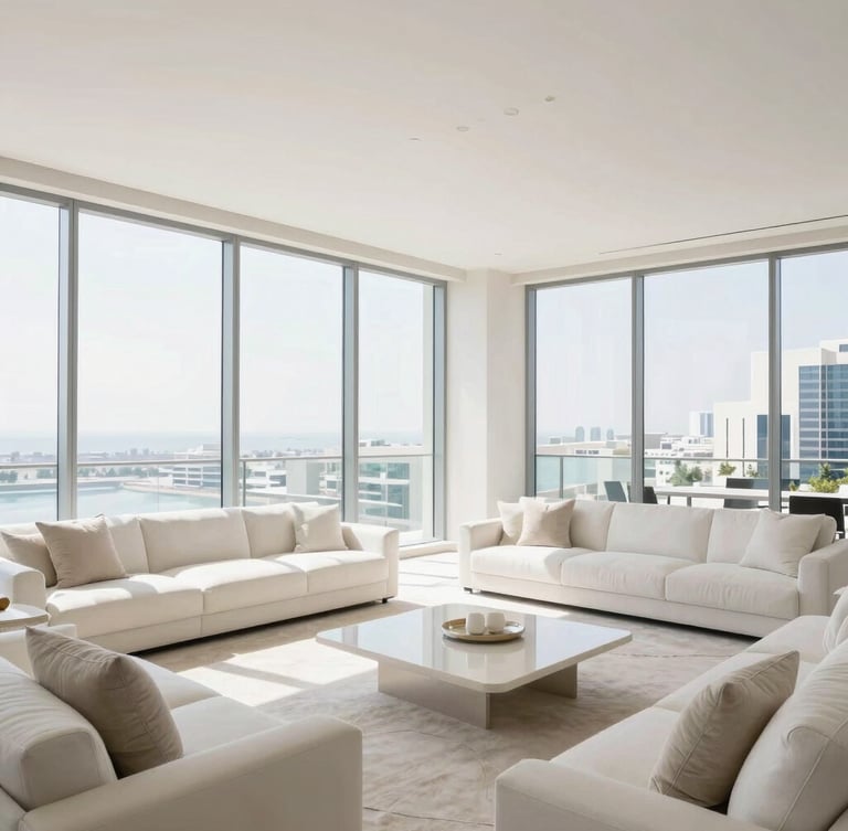 Wide architectural shot of a pristine, sunlit penthouse living room in Dubai, floor-to-ceiling windows, minimal luxury furniture, bright natural daylight, 35mm.