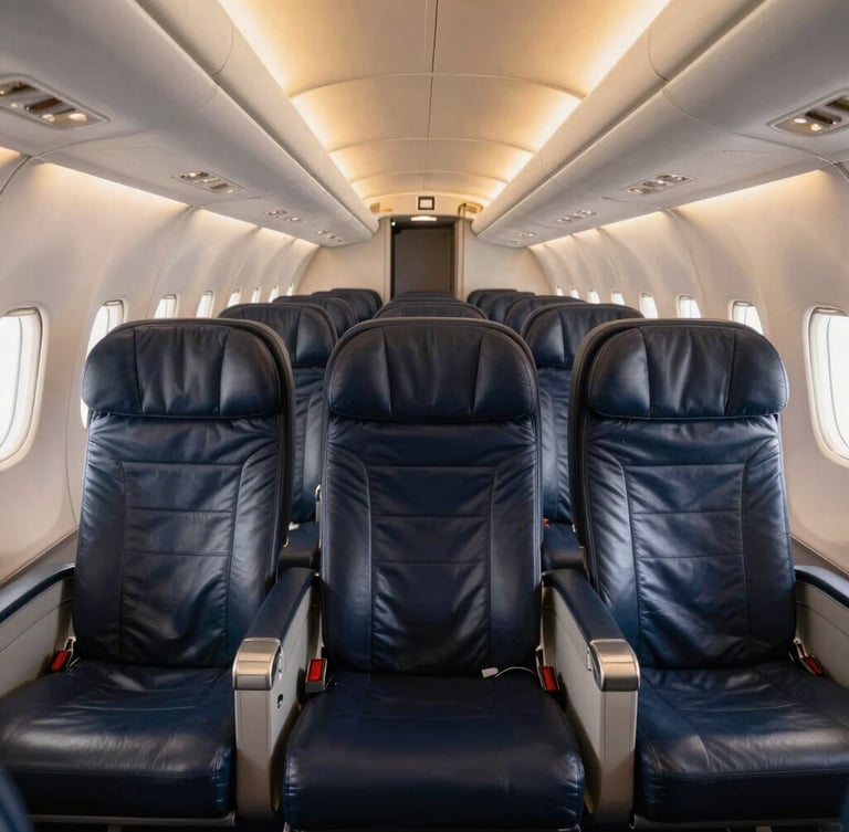 Impeccable empty business class cabin with deep navy leather seats, warm ambient lighting, and soft golden hour light coming through the window, clean and symmetric composition