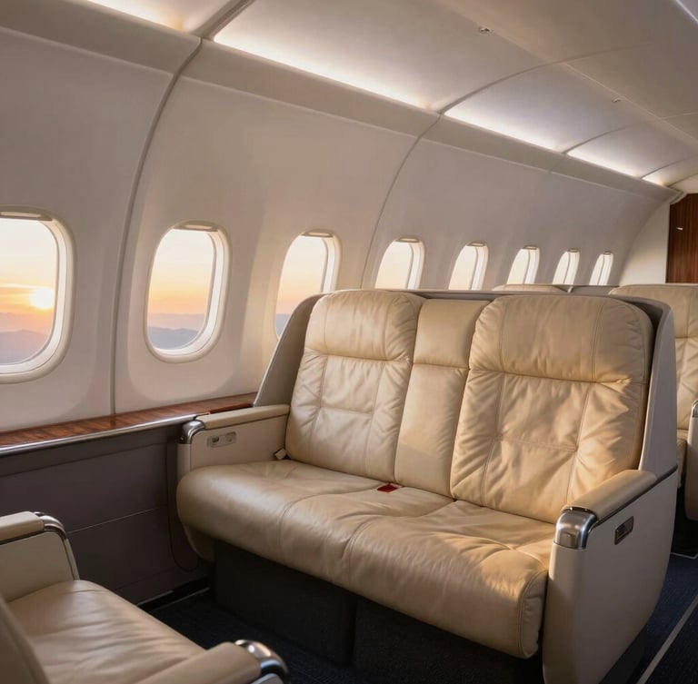 A pristine and empty first class cabin suite at sunset, warm golden hour light pouring through the windows, highlighting soft leather and polished wood textures, ultra-premium and spacious.