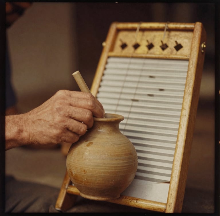 Close-up of hands playing a custom-tuned clay jug and a vintage washboard with rich brass hardware, warm golden-hour light, sepia-tinted tintype style, high-grain 35mm film texture.