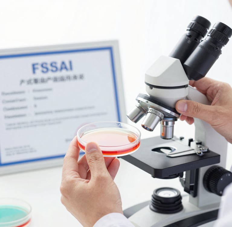 Close-up of a scientist in a clean lab coat examining a petri dish with a microscope, FSSAI certificate visible in the background, sterile environment, bright diffused studio light