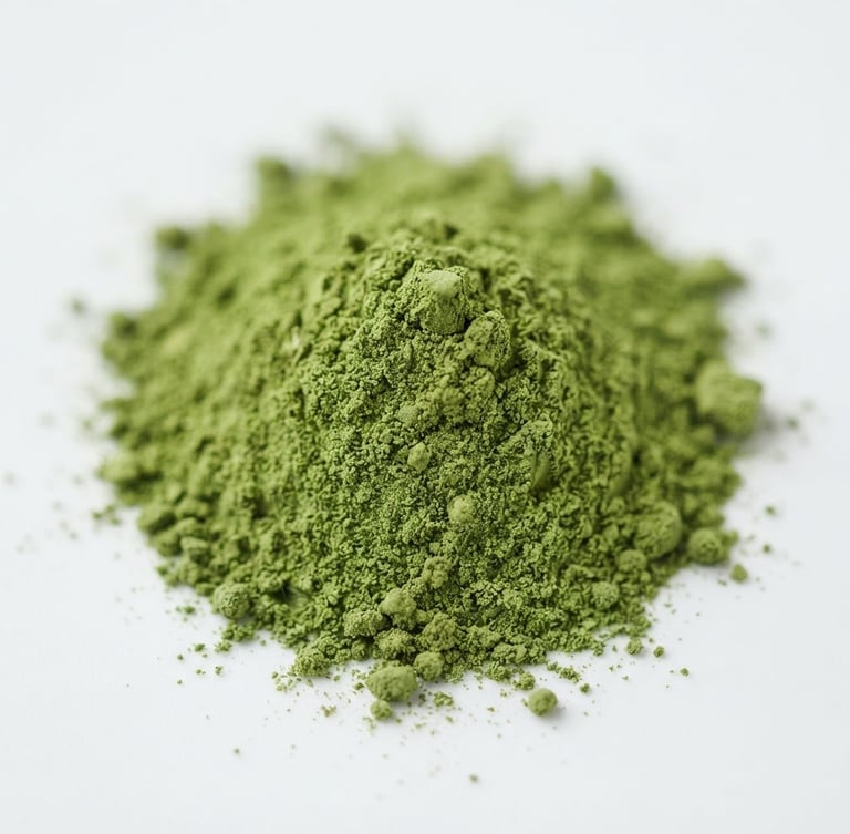 Macro close-up of vibrant green moringa powder on a clean white surface, bright diffused studio light, shallow depth of field, natural color