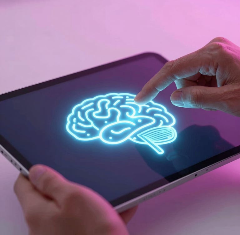 Macro high-resolution shot of hands interacting with an Android tablet, displaying interconnected glowing neon cognitive nodes, cool studio lighting with soft magenta backlights, 50mm.
