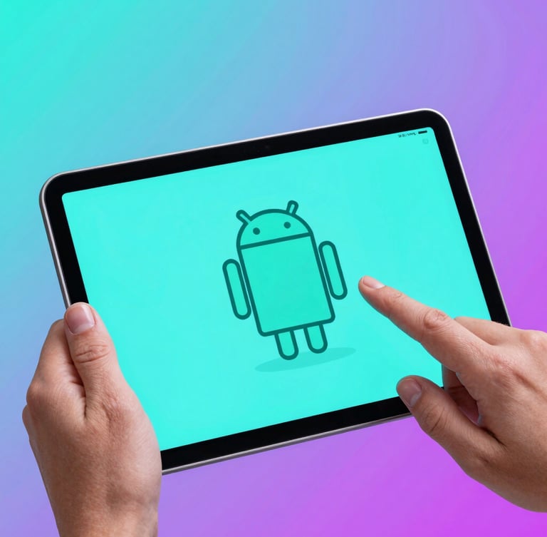 Macro overhead shot of hands interacting with an Android tablet running a vibrant vector drawing application, cool neon cyan and magenta studio backlighting