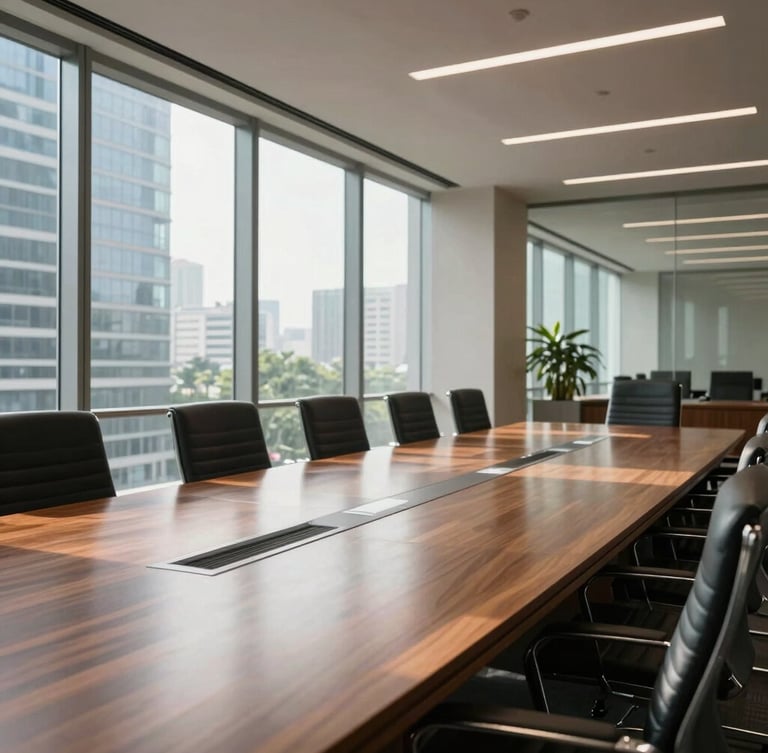 Wide environmental shot of a modern Indian corporate boardroom in Mumbai, bright natural daylight streaming through glass windows, polished wooden table, empty chairs, architectural focus on structured lines.