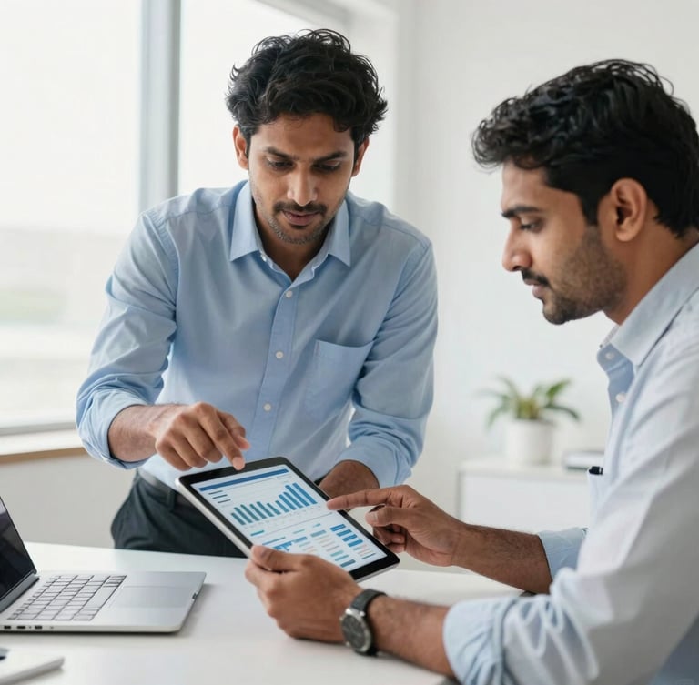 Bright, high-key natural daylight, professional business owners in a modern Indian office collaborating over digital financial dashboards on a tablet, clean white backgrounds, focus and security.