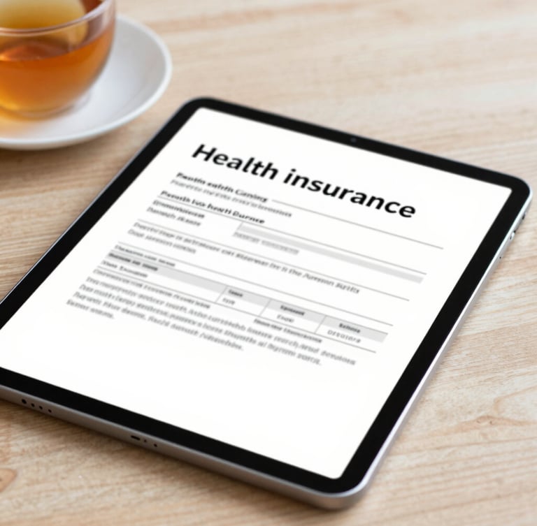 Close-up of a modern digital tablet displaying clean health insurance policy documents, set on a bright wooden table with a warm cup of tea nearby, high-key natural light.