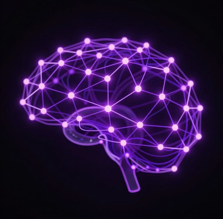 Dynamic 3D neural network, glowing neon purple nodes, intricate connections forming and dissolving, deep obsidian background, high-contrast cinematic lighting, showing cognitive flow, macro detail, abstract, portrait orientation