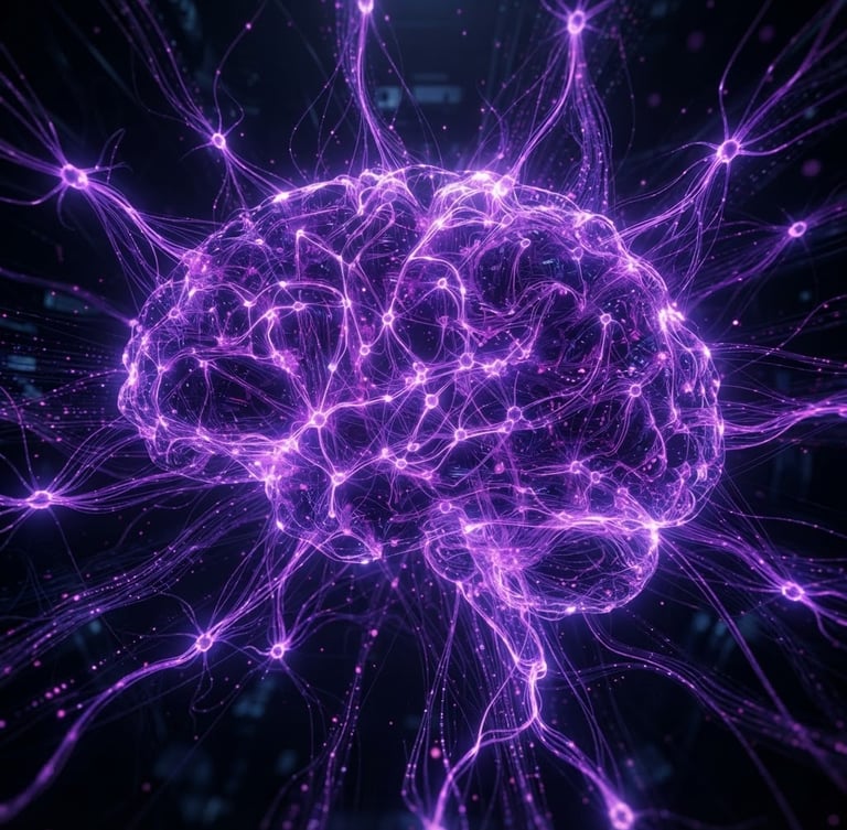 Dark futuristic 3D render of a dynamic, evolving neural network forming a brain-like structure, glowing neon purple nodes, deep obsidian background, high-contrast cinematic lighting, macro detail, wide shot