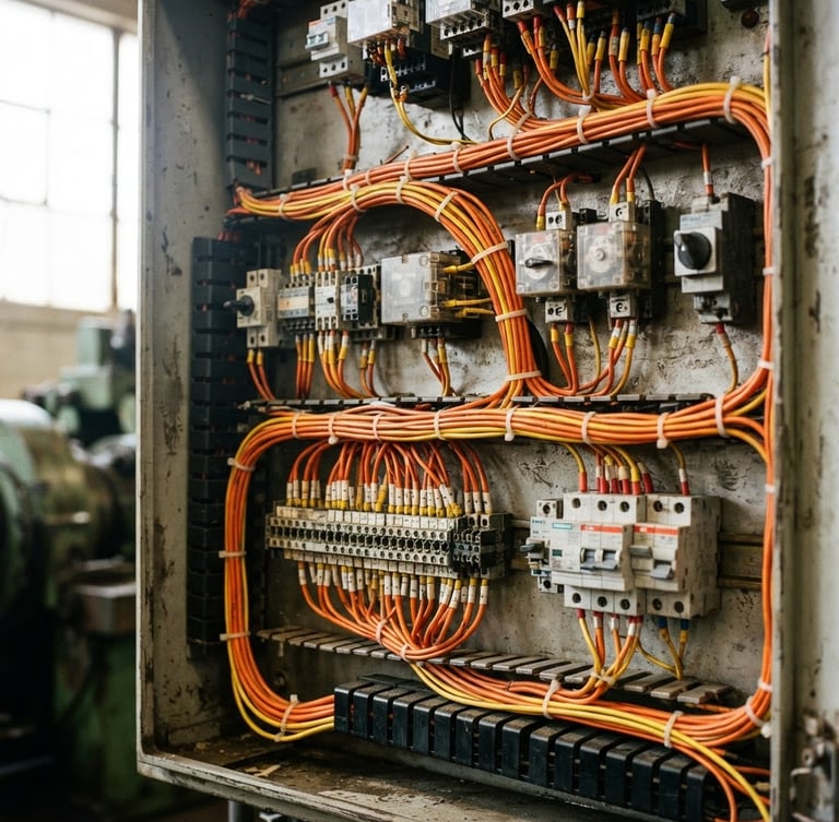 Close-up of a rugged industrial control panel with clean, organized orange and yellow wiring, high contrast, documentary engineering photography, bright natural light.