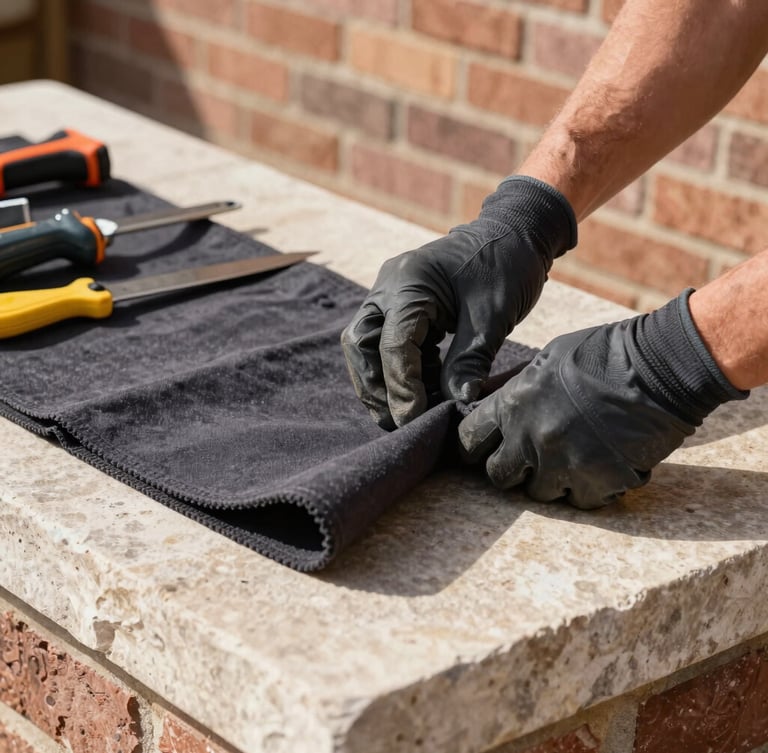 Tight macro shot of a technician's hands in heavy gloves neatly laying dark canvas drop cloths over a light stone hearth, clean organized tools aligned on the side, sharp natural light