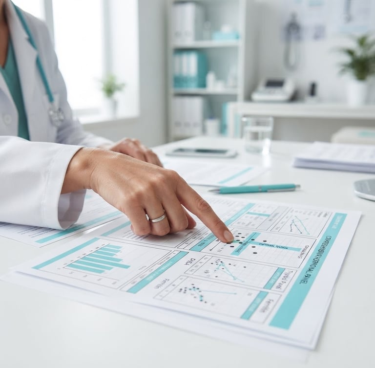 Close-up of clinical hand pointing to functional lab analysis charts on a clean white desk, bright daylight, tiffany blue accents, sharp focus