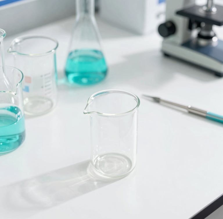 Clean laboratory glassware arranged scientifically on a white backdrop, precise diagnostic tools, bright clinical daylight, crisp shadows, tiffany blue accents, editorial medical aesthetic