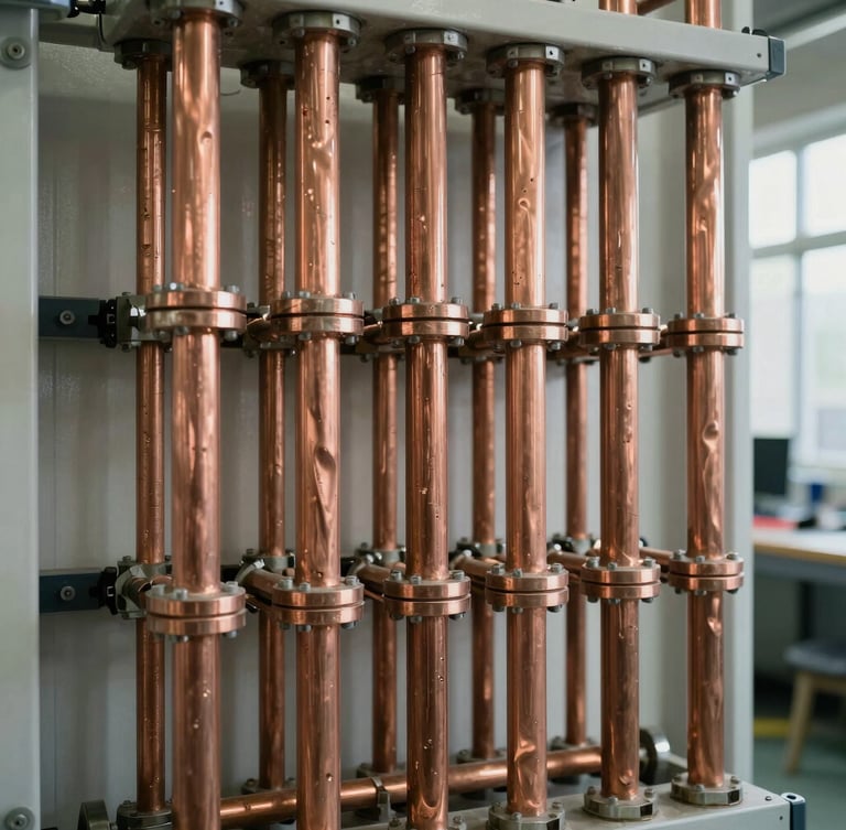 Straight-on technical shot of clean, organized copper pipe manifolds in a commercial utility room, bright natural lighting, no people.