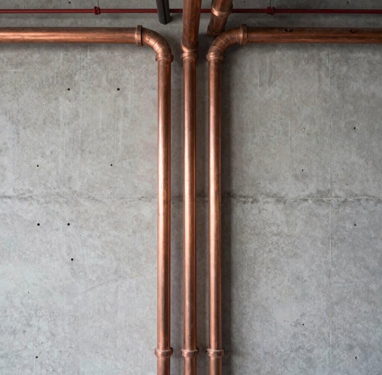 A straight-on technical photograph of clean, organized copper and PVC pipes running along a concrete wall in a modern commercial utility bay, bright natural lighting, architectural layout feel.