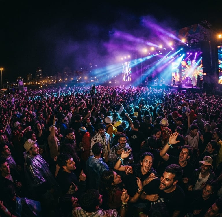 Dynamic wide-angle shot of a massive outdoor festival crowd in Montevideo at night, dramatic purple and blue stage lighting beaming over the audience, cinematic atmosphere, high contrast, 35mm