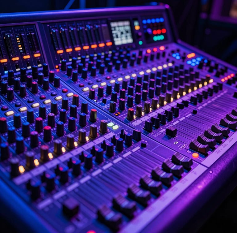 High-contrast close-up of a professional sound mixing console at a live concert, stage lights reflecting violet and blue on the dials, technical production setup, sharp details
