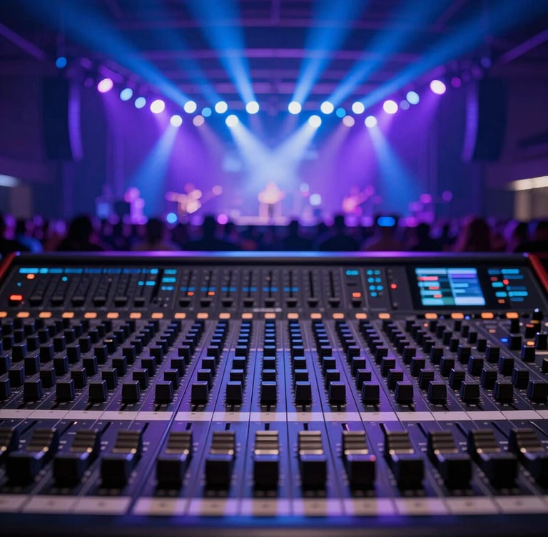 Close-up of professional sound mixing console in the foreground, blurred high-energy concert stage in the background with vibrant blue and violet lighting, cinematic atmosphere
