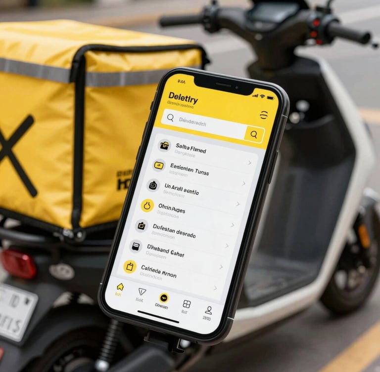 Dynamic high-contrast close-up of a smartphone screen showing a delivery dispatch dashboard, backdropped by a clean electric motorcycle, bright daylight, high-contrast yellow and black tones