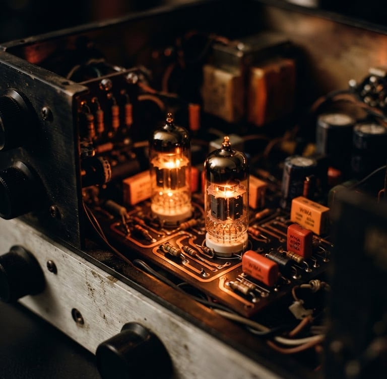Macro photograph of warm orange glowing vacuum tubes inside a high-end analog compressor, low-key studio lighting, deep copper shadows, cinematic depth of field.